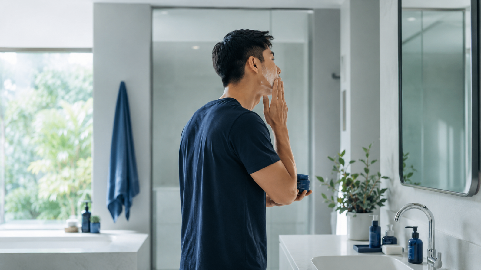 男性がスキンケアや身だしなみを整えるイメージ